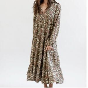 Maleu Washed Cotton Block Print Burgundy Floral Tiered Maxi Dress S